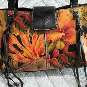 Patricia Nash Black Leather Tote with Vibrant Orange Floral Print
